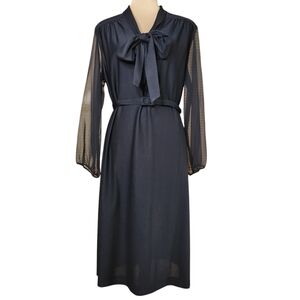 Vintage 70s Forever Young Black Secretary Dress Sheer Sleeves Bow Belt Union